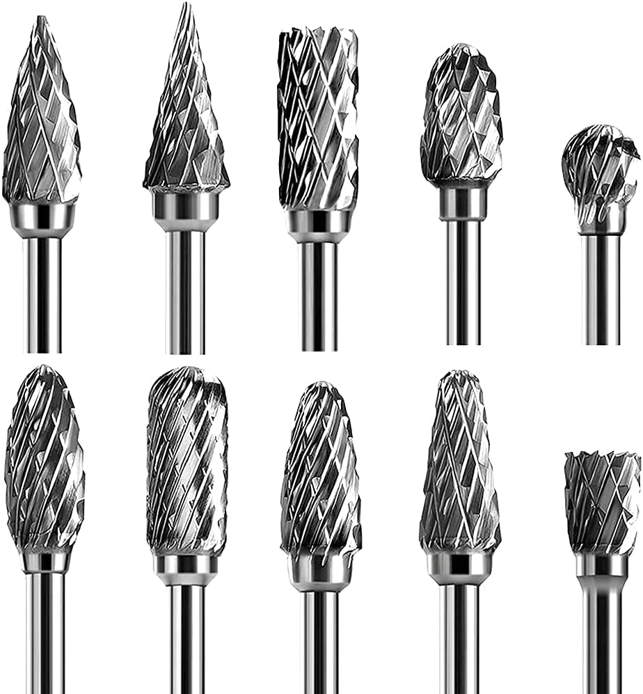 Double Cut Carbide Rotary Burr Set - 10 Pcs 1/8" Shank, 1/4" Head Length Tungsten Steel for Woodworking,Drilling, Metal Carving, Engraving, Polishing image 0