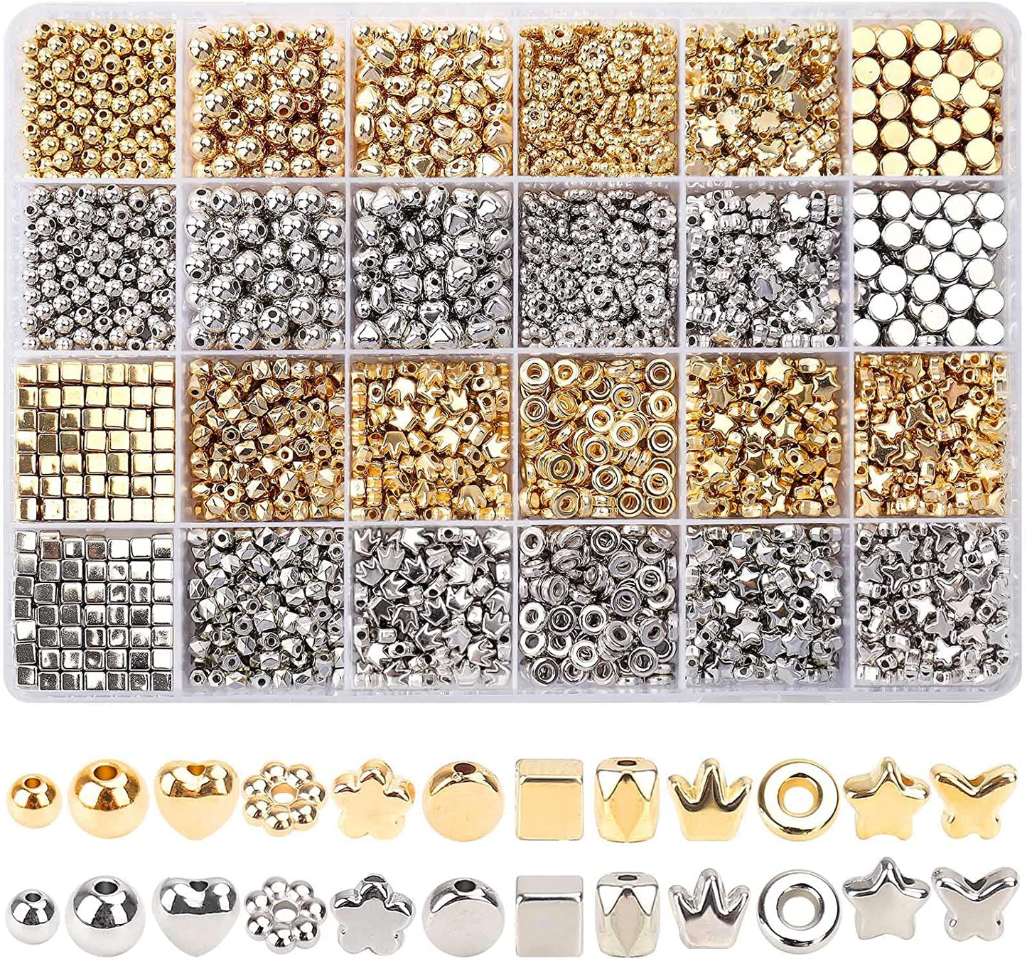 2700 Pieces 12 Styles Spacer Beads Set for Jewelry Making (Gold &amp; Silver), Assorted Loose Flower Start Heart Cube Crown Butterfly Round Ball Spacer Beads for DIY Bracelet Necklace Earring Crafts image 0
