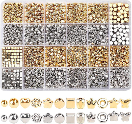 2700 Pieces 12 Styles Spacer Beads Set for Jewelry Making (Gold &amp; Silver), Assorted Loose Flower Start Heart Cube Crown Butterfly Round Ball Spacer Beads for DIY Bracelet Necklace Earring Crafts image 0