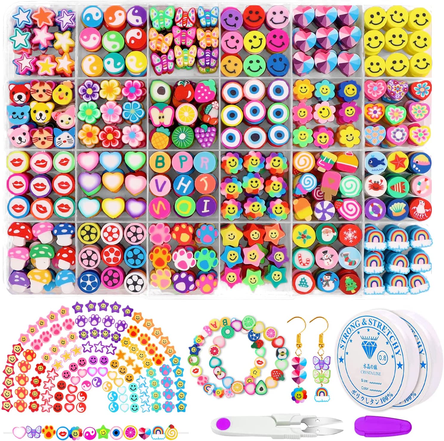 JOICEE 480PCS Fruit Flower Polymer Clay Beads, 24 Style Cute Smiley Heart Mushroom Clay Beads Charms for Jewelry Necklace Earring Making, DIY Bracelet Making Kit Accessories for Women Girls image 0