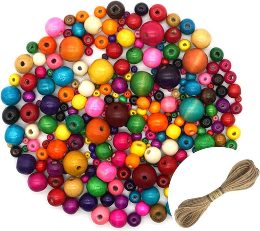 KUANVE 1000 Pieces Colored Wood Beads Bulk, 4 Sizes Round Painted Wooden Spacer Beads and 10 Meter Jute Rope, Ideal for DIY Jewelry Bracelets Necklace Earring Making Craft Project, Mix Color image 0