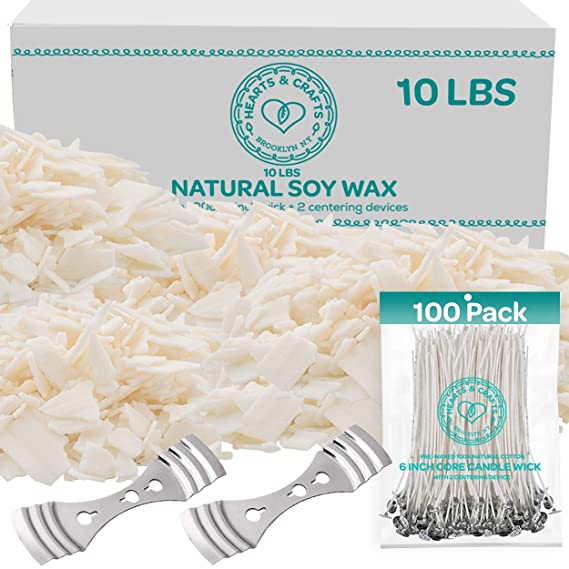 Hearts &amp; Crafts Natural Soy Candle Wax and Candle Making Supplies - 10 lbs Soy Wax for Candle Making - 100 6-Inch Pre-Waxed Candle Wicks - 2 Metal Centering Devices - 10 Pounds Soy Wax Flakes image 0