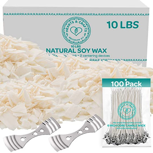 Hearts &amp; Crafts Natural Soy Candle Wax and Candle Making Supplies - 10 lbs Soy Wax for Candle Making - 100 6-Inch Pre-Waxed Candle Wicks - 2 Metal Centering Devices - 10 Pounds Soy Wax Flakes image 0