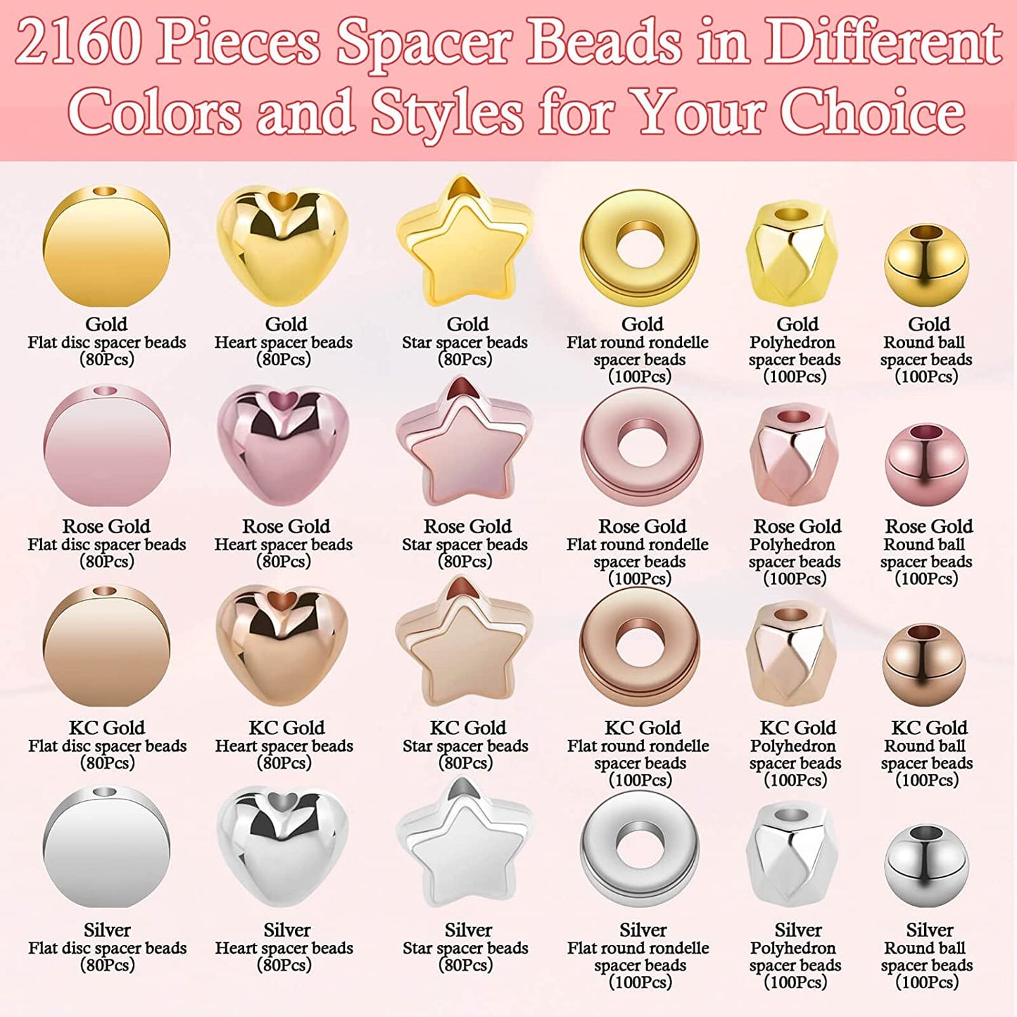 2160 Pieces Gold Spacer Beads Set, Assorted Bracelet Beads Round Beads Star Beads Gold Beads for Bracelet Jewelry Making(Gold, Sliver, Rose Gold, KC Gold) image 2
