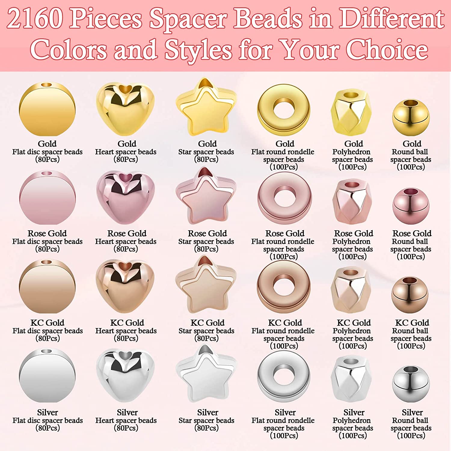 2160 Pieces Gold Spacer Beads Set, Assorted Bracelet Beads Round Beads Star Beads Gold Beads for Bracelet Jewelry Making(Gold, Sliver, Rose Gold, KC Gold) image 2