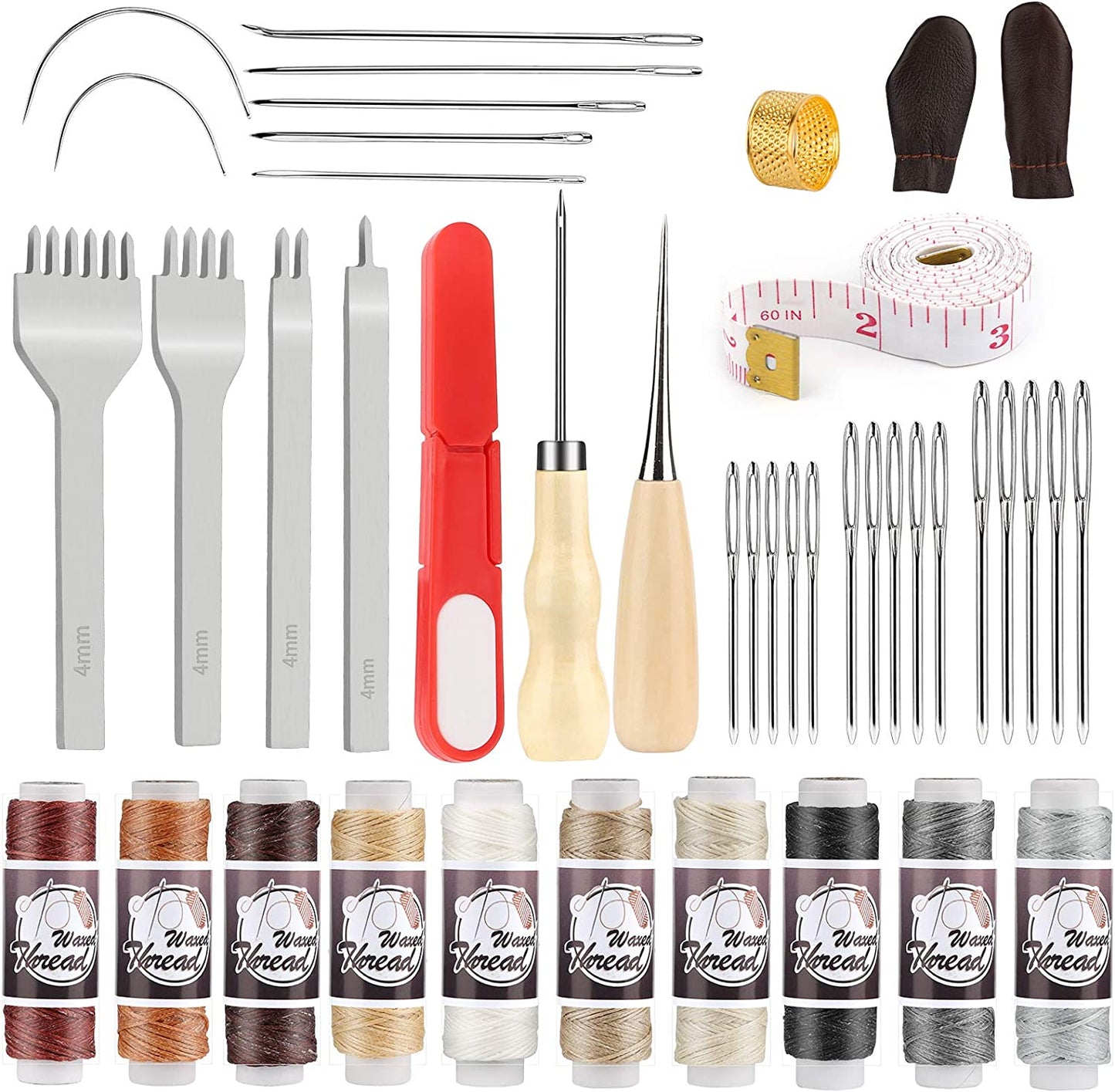 44 Pieces Leather Sewing Kit, Leather Working Tools with Waxed Thread, 4mm Prong Punch, Sewing Awl and Large-Eye Stitching Needles, Leather Tools and Supplies for Beginner image 0