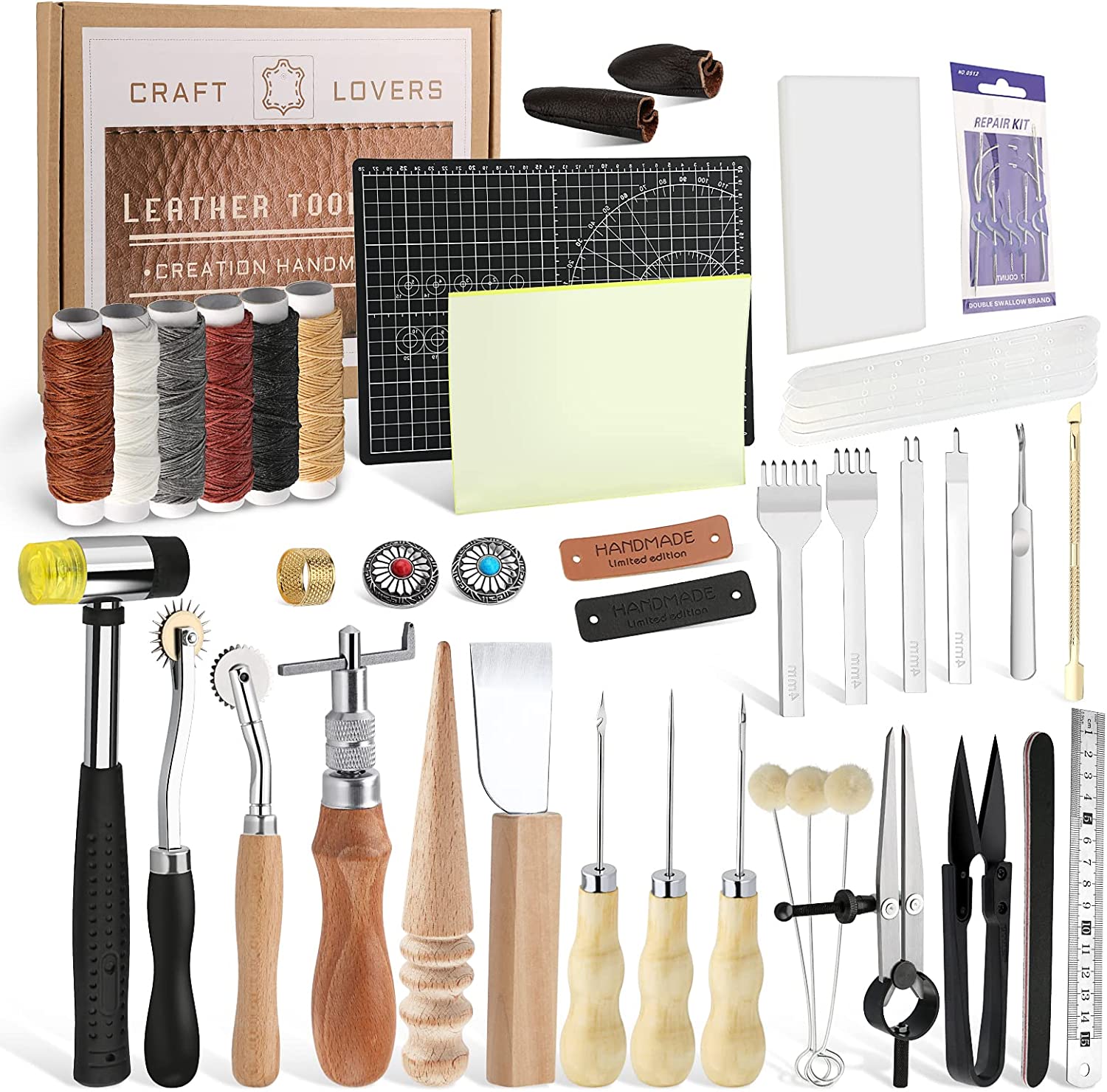Leather Working Tools and Supplies Leather Craft Kits, Leather Sewing Kit, Leather Starter Kit with Wax Ropes, Prong Punch, Awl, Belt Holes Templates, for Leather Craft Making DIY Sewing image 0