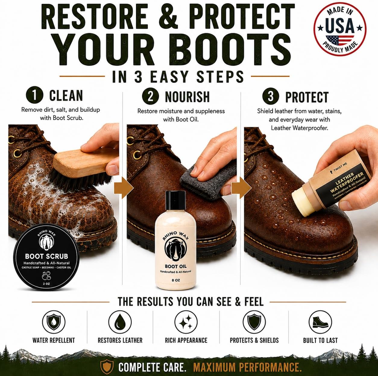 Rhino Wax Leather Boot Care Kit — Scrub, Oil, Brushes & Cloths