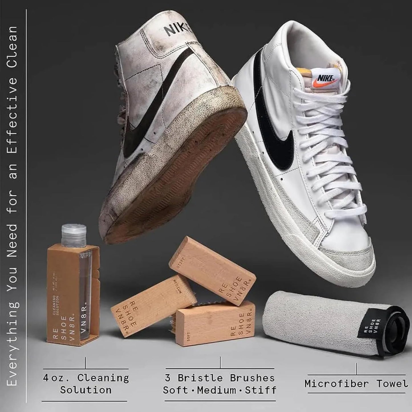 RESHOEVN8R Essential Shoe Cleaning Kit — Cleaner, 3 Brushes & Microfiber Towel