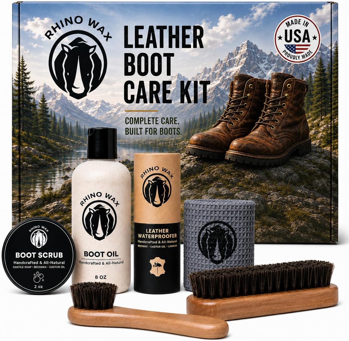 Rhino Wax Leather Boot Care Kit — Scrub, Oil, Brushes & Cloths