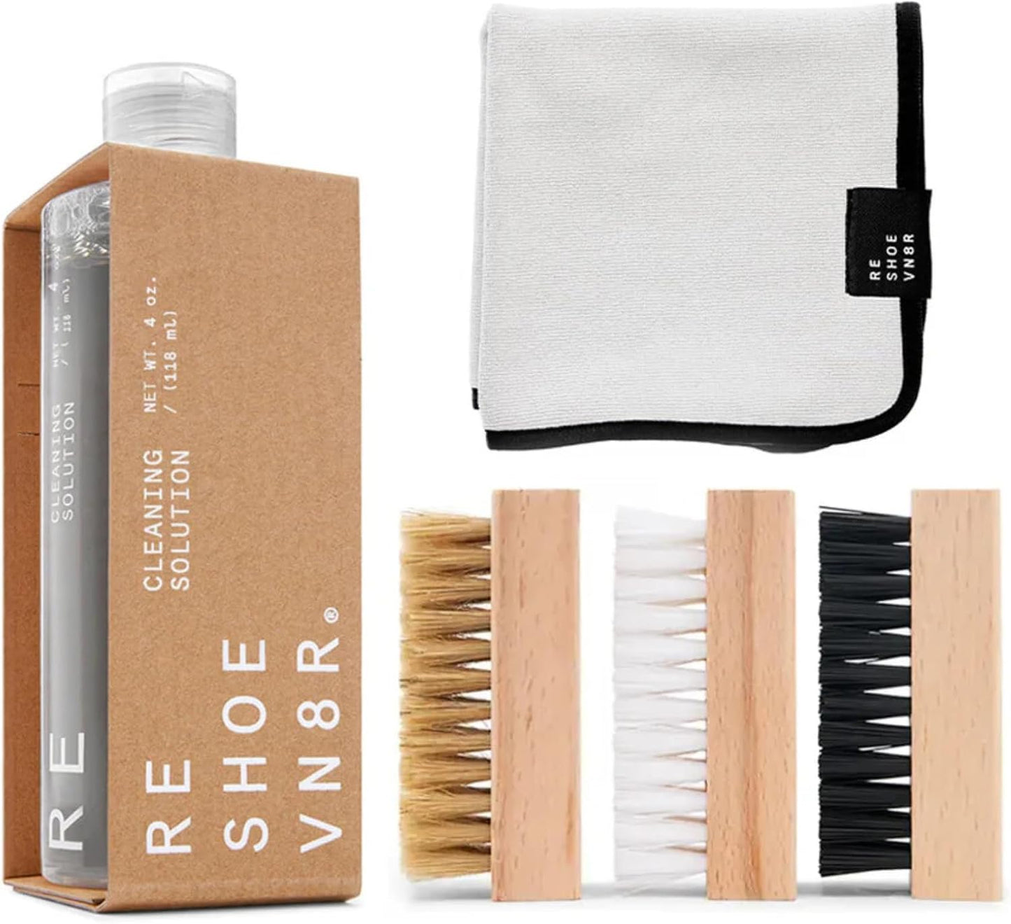 RESHOEVN8R Essential Shoe Cleaning Kit — Cleaner, 3 Brushes & Microfiber Towel