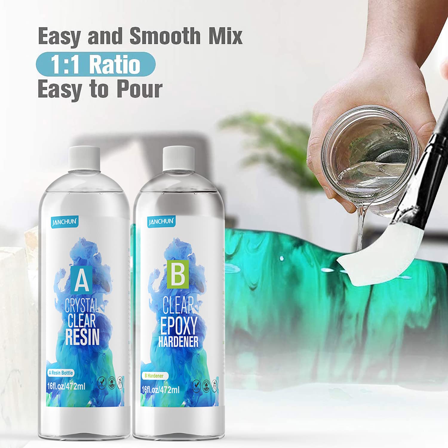 32oz Crystal Clear Epoxy Resin Kit Casting and Coating for River Table Tops, Art Casting Resin,Jewelry Projects, DIY,Tumbler Crafts, Molds, Art Painting, Easy Mix 1:1 Ratio image 2