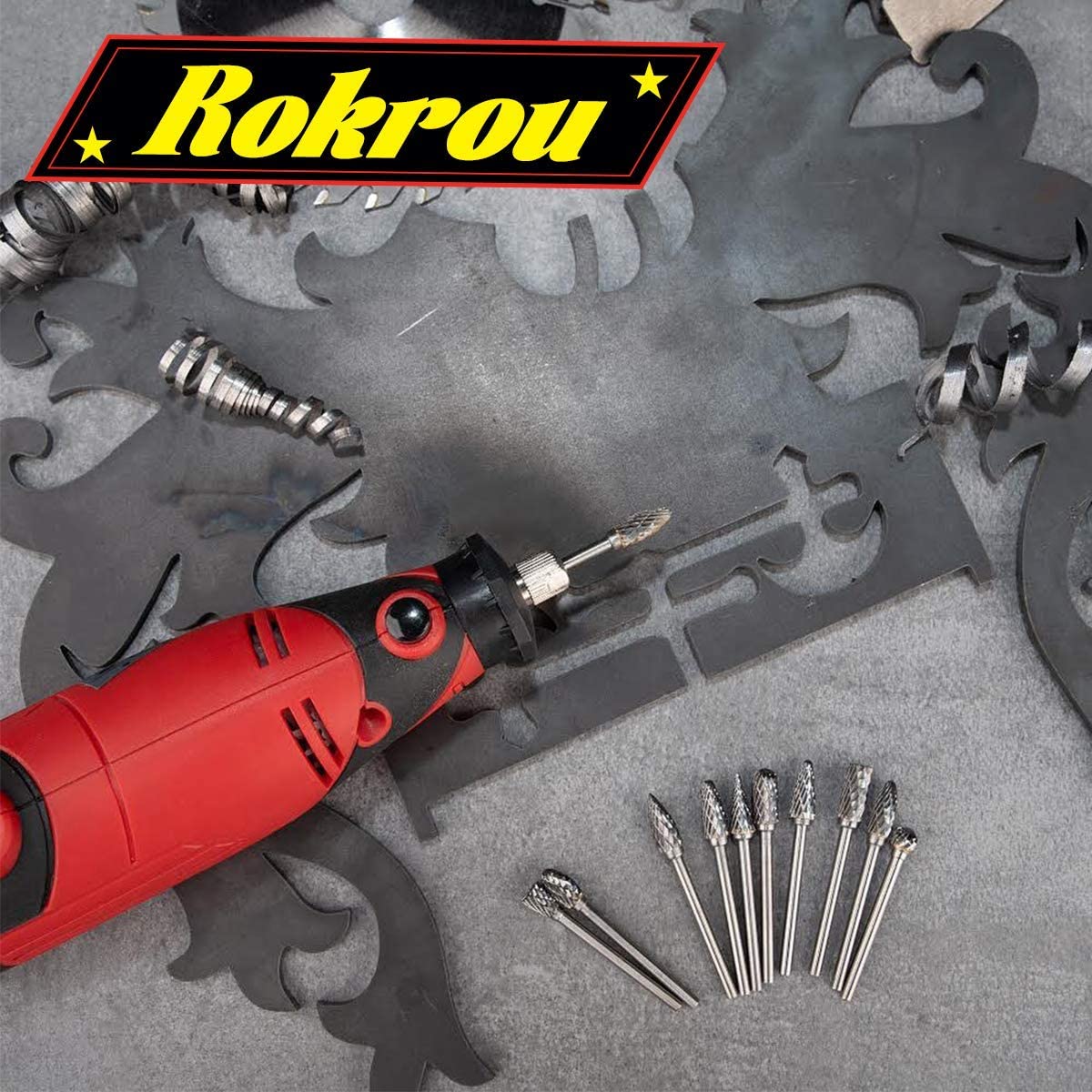 Rokrou Carbide Double Cut Carving Bits for Dremel Rotary Tool 10 Pcs 1/8' Shank 1/4' Head Length Tungsten Steel for Woodworking Metal Engraving New image 5