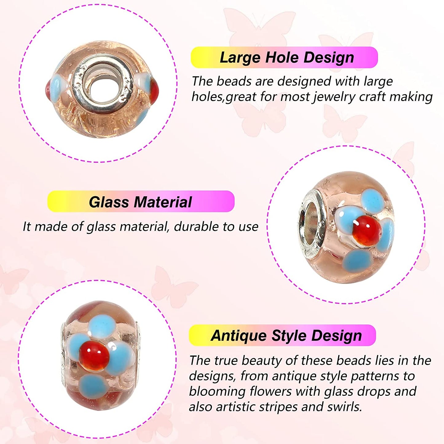 TOAOB 50pcs Assorted European Craft Beads Glass Large Hole Spacer Beads Assortments with Brass Silver Core for DIY Crafts Bracelet Necklace Jewelry Making image 2