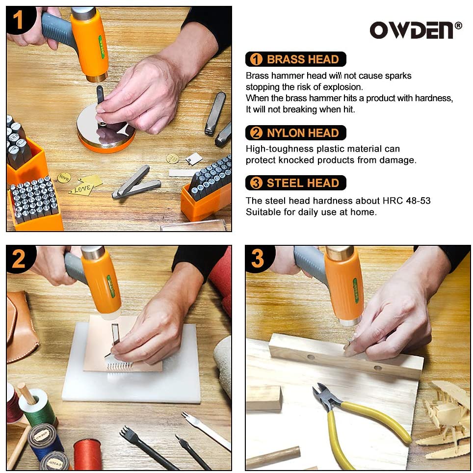 OWDEN Professional Jewelry Metal Stamps Hammer with 2 Replace Hammer Heads No-Rebound Steel Bench Block Set Jewelry Stamping Working Tools Metal Letter Punch for Brass Aluminium Copper Leather Marks. image 5
