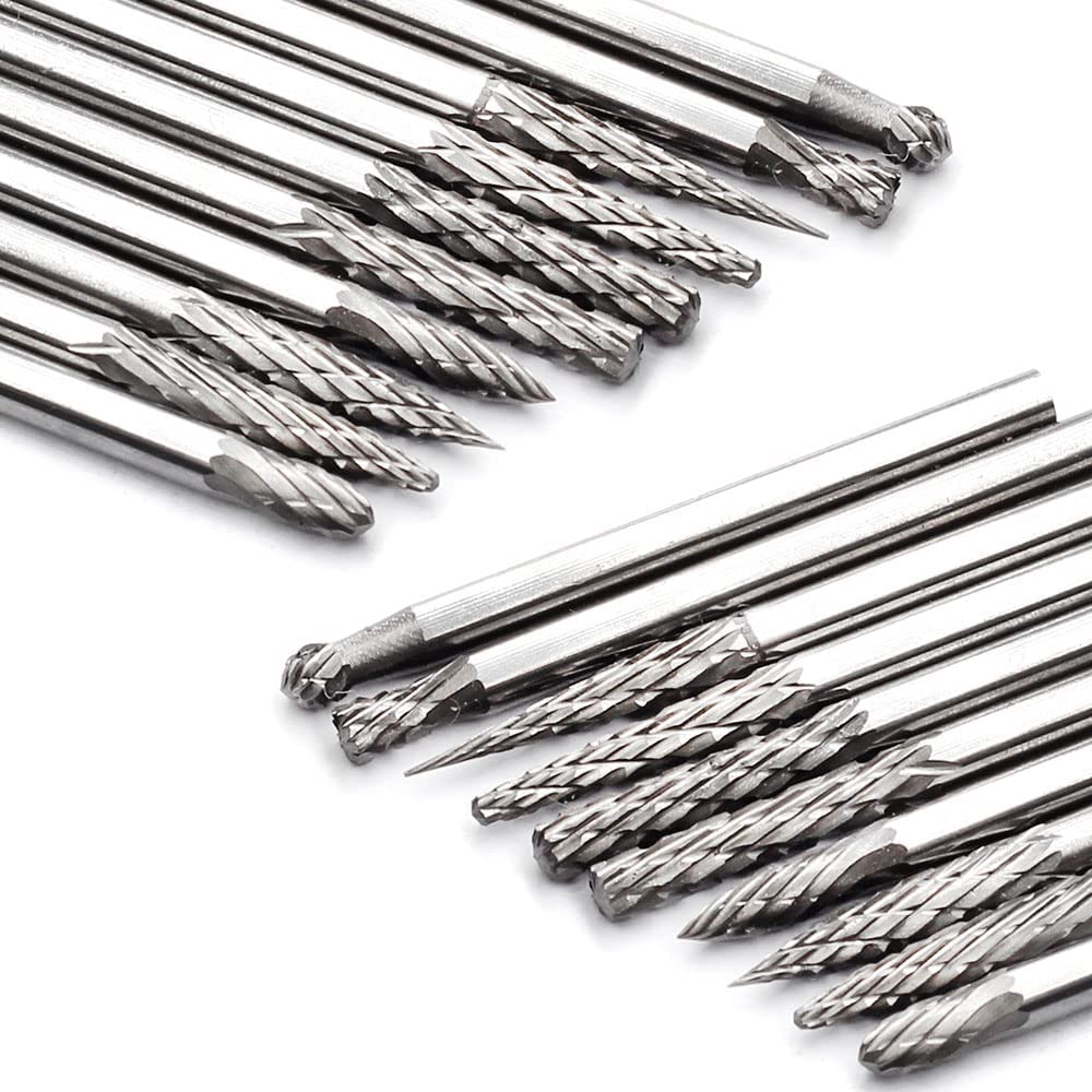 YUFUTOL 20pcs Solid Carbide Burr Set 0.118‘’（3mm）Shank Tungsten Carbide Rotary Files Burrs with 3mm Cutting Head Diameter Fits Most Rotary Drill Die Grinder for Woodworking,Engraving,Drilling,Carving image 3