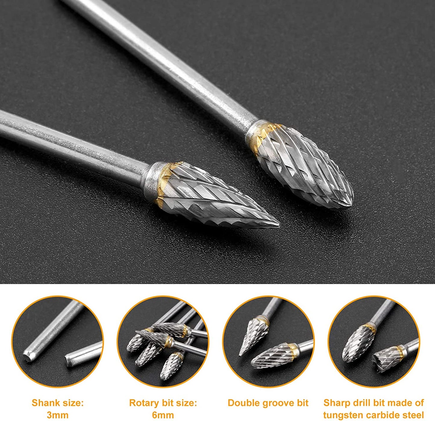 TianTac Tungsten Carbide Rotary Burr Set 10pcs, Carving Burr Bits, with 3mm Shank 6mm Bit for Wood &amp; Stone Carving, Steel Metal Working image 3