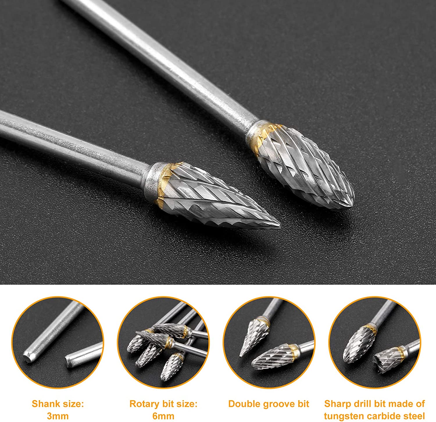 TianTac Tungsten Carbide Rotary Burr Set 10pcs, Carving Burr Bits, with 3mm Shank 6mm Bit for Wood &amp; Stone Carving, Steel Metal Working image 3
