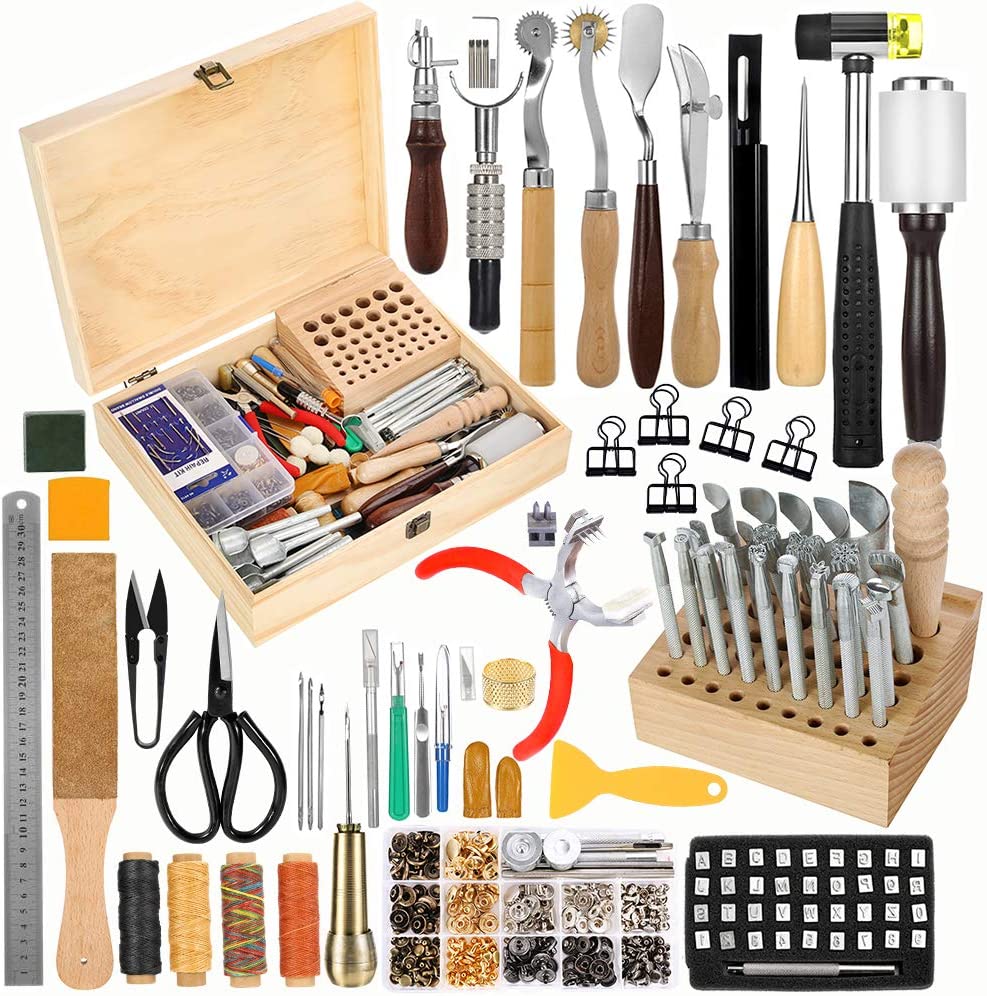 Jupean 424 Pieces Leather Working Tools and Supplies, Leather Craft Kits with Instructions, Leather Sewing Kit, Leather Tool Holder, Wooden Storage Box, Leather Stamping Set,Leather Tools and Supplies image 0