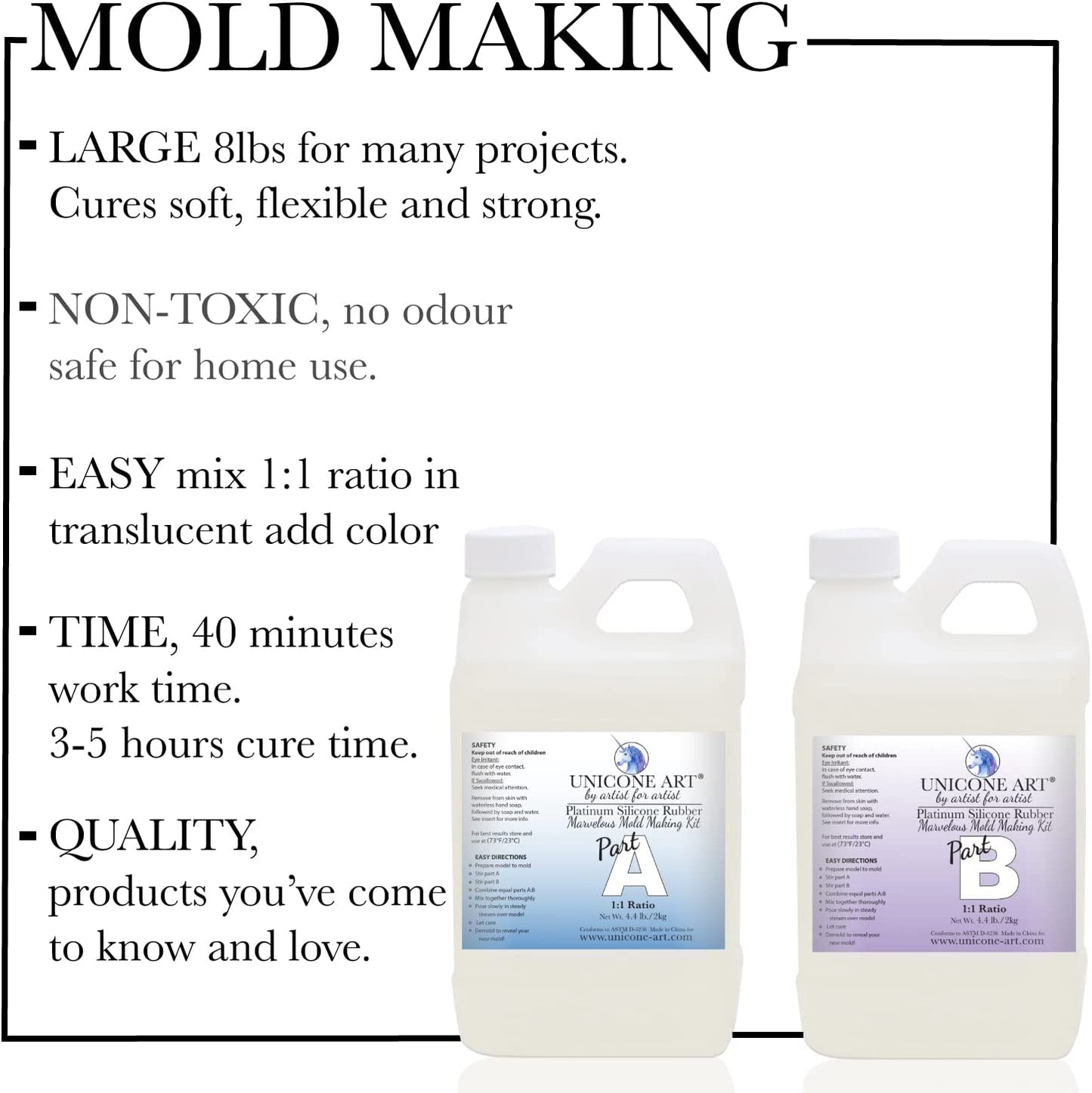 Silicone Mold Making Kit, Resin Epoxy Casting, Food Safe, Strong, Tear Resistant, Platinum Rubber, Plaster Casting, Candle Making, 3D Silicone Molds, 1:1 ratio, Fast Cure, Translucent 8.8 lbs (140 oz) image 1