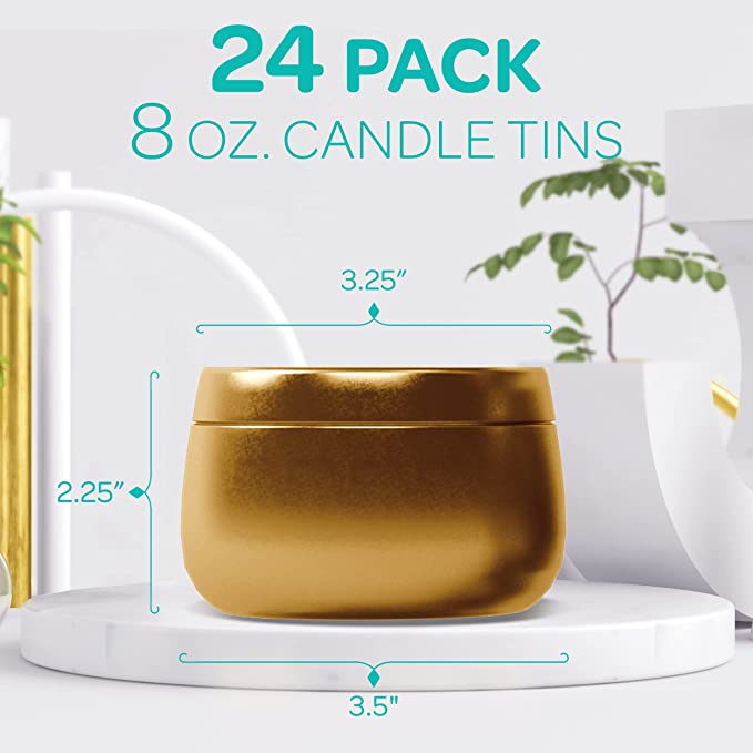 Hearts &amp; Crafts Tin Candle Jars for Making Candles - Candle Tins 8oz - 24 Tin Candle Jars with Lids for Candle Making - Gold image 1
