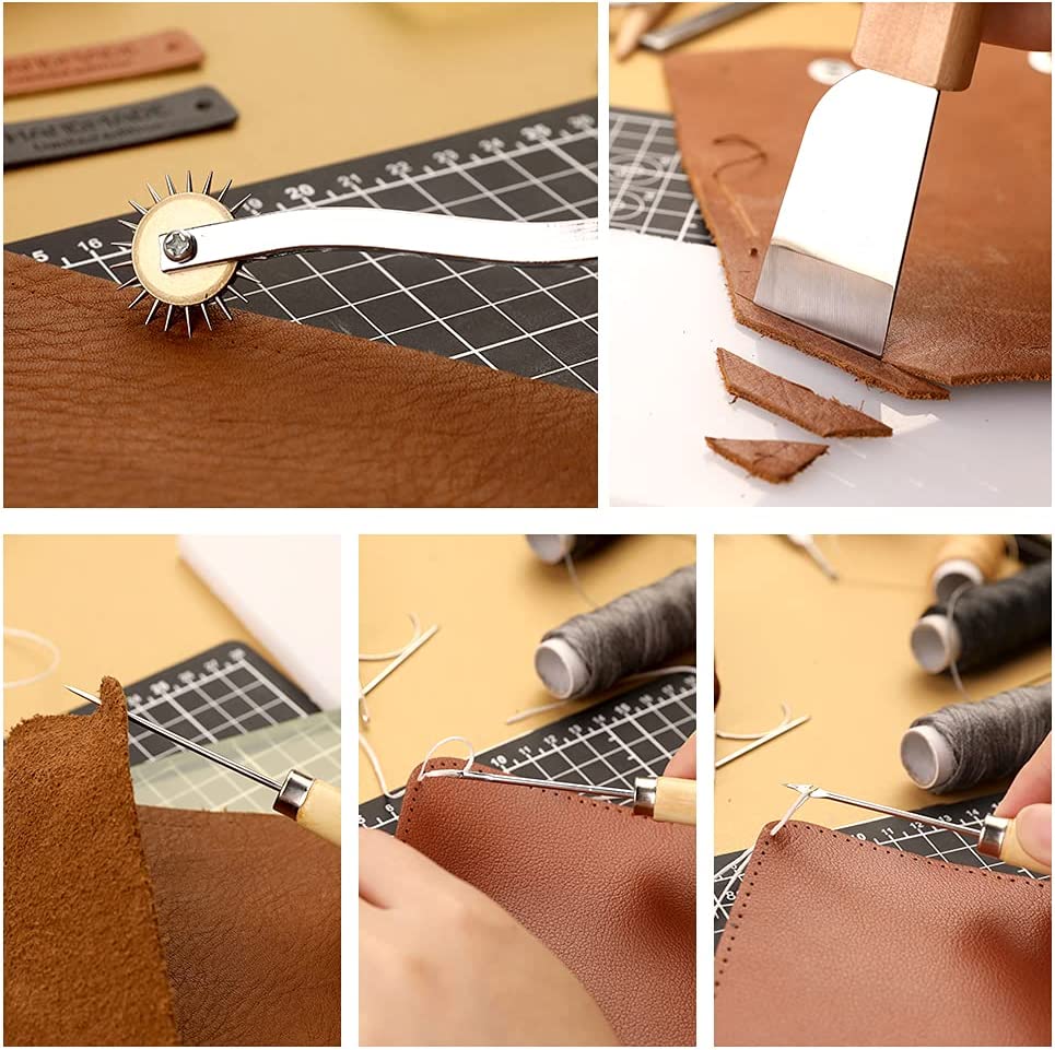 Leather Working Tools and Supplies Leather Craft Kits, Leather Sewing Kit, Leather Starter Kit with Wax Ropes, Prong Punch, Awl, Belt Holes Templates, for Leather Craft Making DIY Sewing image 4