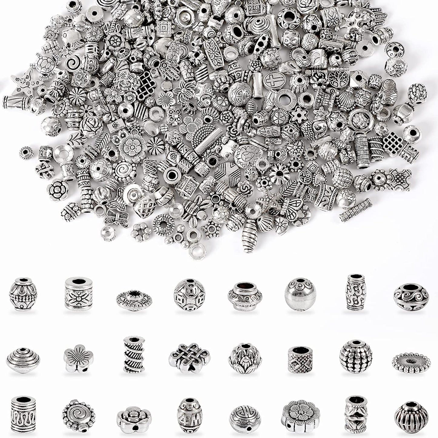 UPINS 300Pcs Silver Spacer Beads for Jewelry Bracelet Necklace Making Crafts Silver Beads Metal Alloy Beads Loose Spacer Beads with Radom Styles for DIY image 0