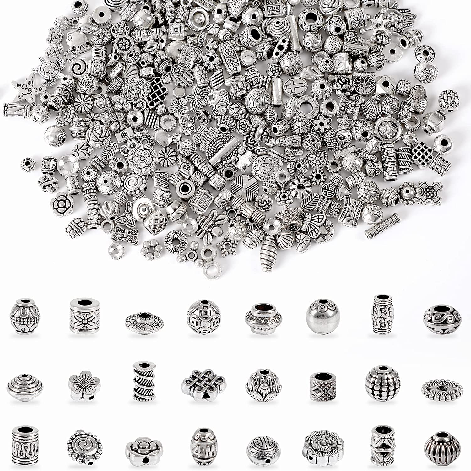 UPINS 300Pcs Silver Spacer Beads for Jewelry Bracelet Necklace Making Crafts Silver Beads Metal Alloy Beads Loose Spacer Beads with Radom Styles for DIY image 0
