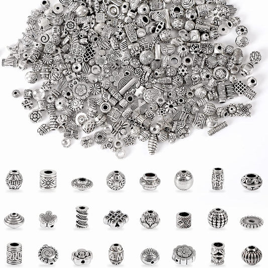 UPINS 300Pcs Silver Spacer Beads for Jewelry Bracelet Necklace Making Crafts Silver Beads Metal Alloy Beads Loose Spacer Beads with Radom Styles for DIY image 0
