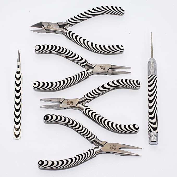 The Beadsmith Zebra Print Pliers – 6 Inch Tools, 6 Piece Kit: Chain Nose, Round Nose, Bent Chain Nose, Side Cutter, Tweezers &amp; Reamer with Zippered Pouch – Tools Set for Jewelry Making image 3