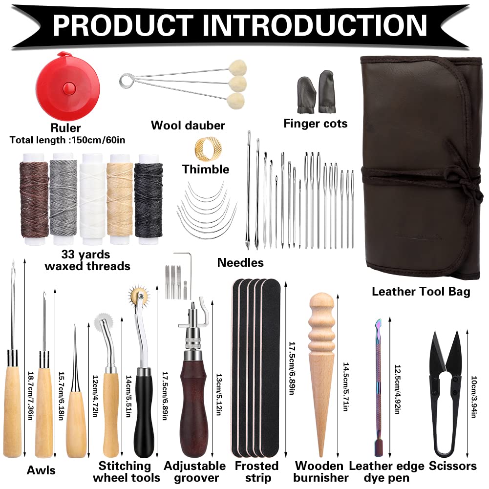 Leather Sewing Kit Leather Craft Tools Leather Craft Making Leather Sewing Tools Kit for DIY Sewing Craft Projects with Custom Storage Bag Adjustable Groover Stitch Wheel Waxed Threads image 2