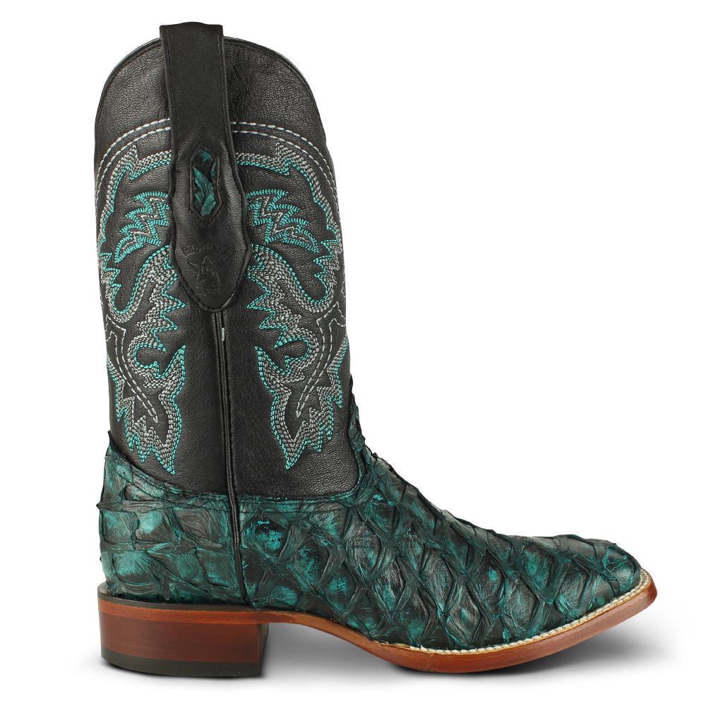 Los Altos Boots Mens #8221008 Wide Square Toe | Genuine Pirarucu Fish Boots | Color Rustic Turquoise image 1