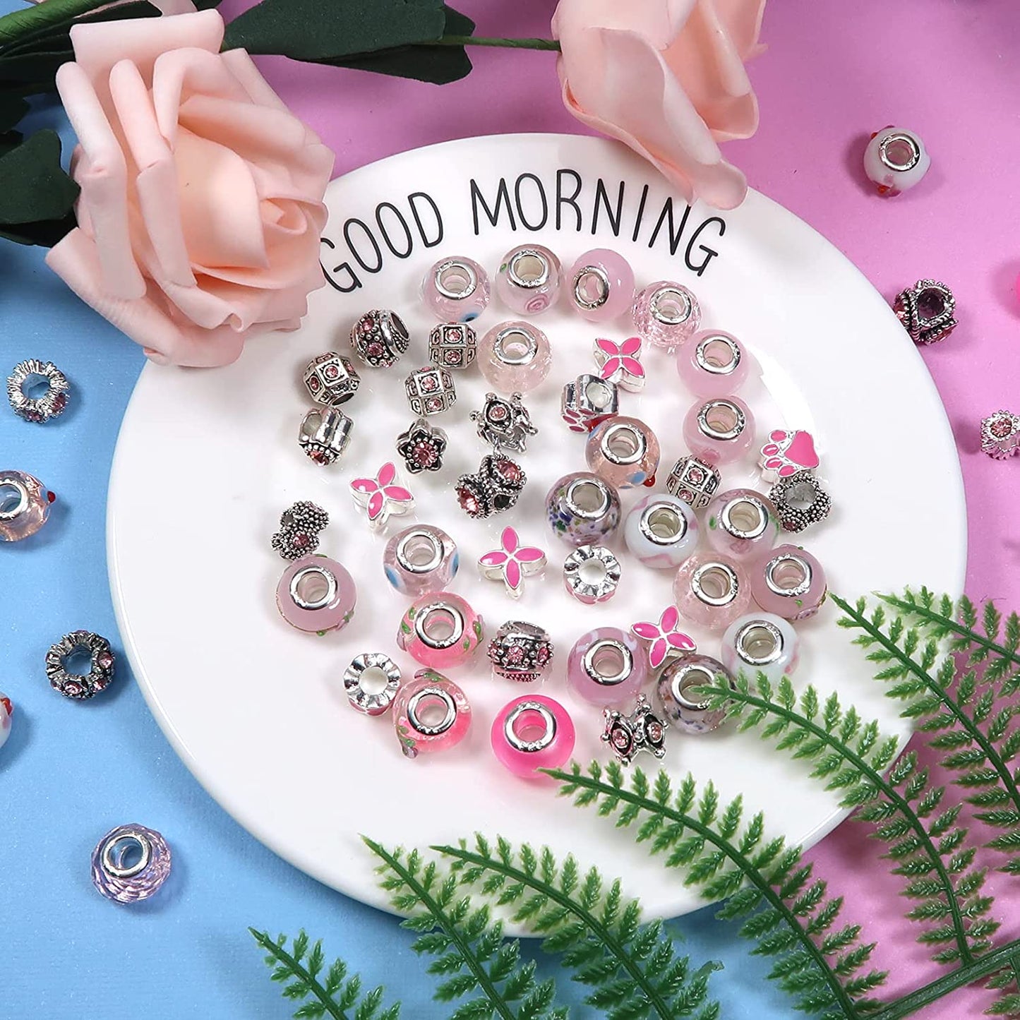 TOAOB 50pcs Pink European Large Hole Beads Spacer Glass Lampwork Craft Beads Rhinestone Metal Beads for DIY Charms Bracelet Necklace Jewelry Making image 4