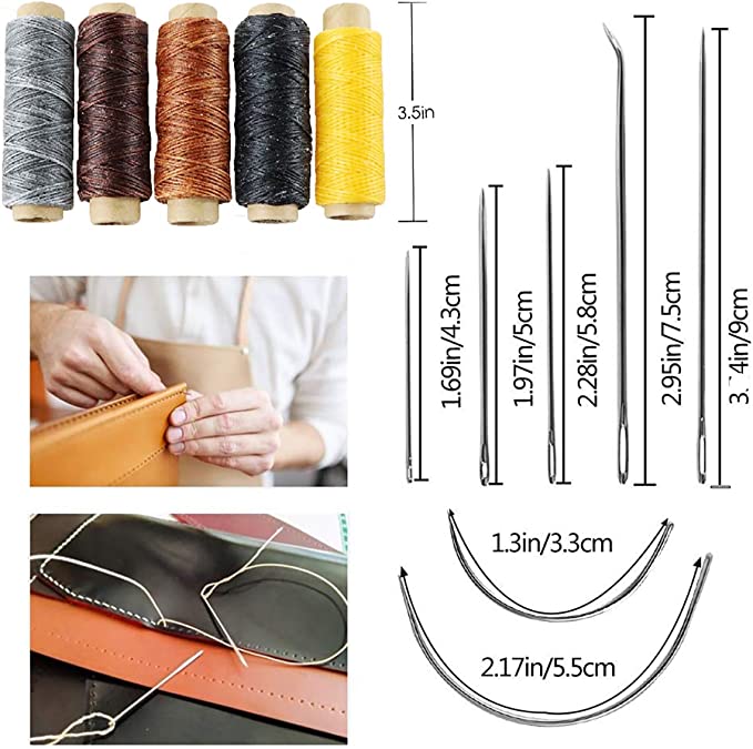 WHDZ 52pcs Leather Sewing Tools Kit DIY Leather Craft Tools Hand Stitching Tool Set, Prong Punch, Leather Stamping Tools, Wax Ropes Needles for Stitching Punching Cutting Sewing DIY Leather Craft Work image 1