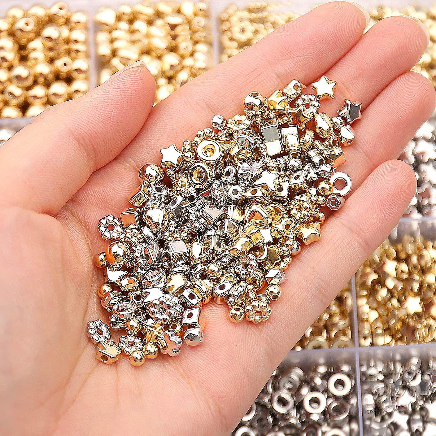 2700 Pieces 12 Styles Spacer Beads Set for Jewelry Making (Gold &amp; Silver), Assorted Loose Flower Start Heart Cube Crown Butterfly Round Ball Spacer Beads for DIY Bracelet Necklace Earring Crafts image 5