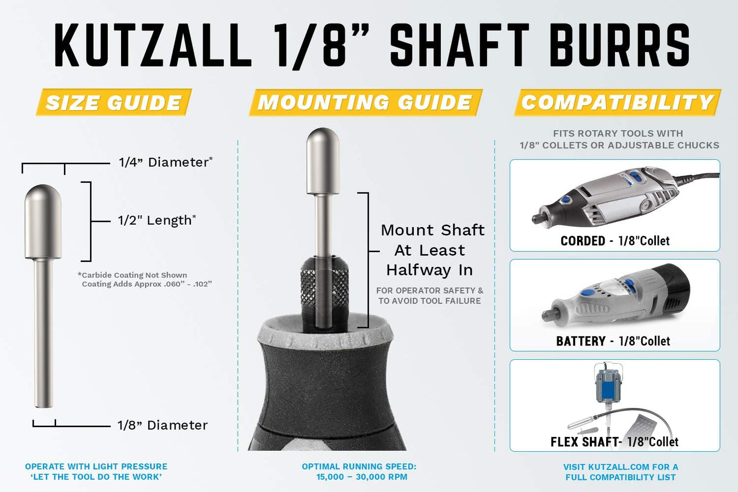 Kutzall Extreme Ball Nose Burr, 1⁄8" Shaft, Very Coarse - Woodworking Attachment for Dremel, Foredom, DeWalt, Milwaukee. Abrasive Tungsten Carbide, 1⁄4" (6.3mm) Dia. X 1⁄2" (12.7mm) Length, BNX-14-EC image 2
