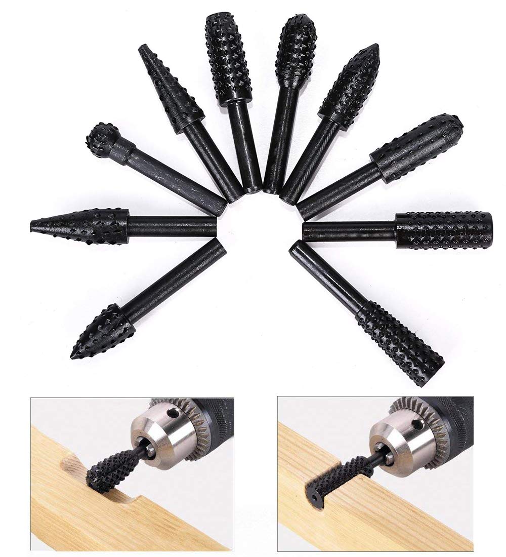 ASNOMY 10PCS Woodworking Twist Drill Bits, Wood Carving File Rasp Drill Bits 6.3mm(1/4") Shank Electrical Tools Woodworking Rasp Chisel Shaped Rotating Embossed Grinding Head with Storage Bag image 1