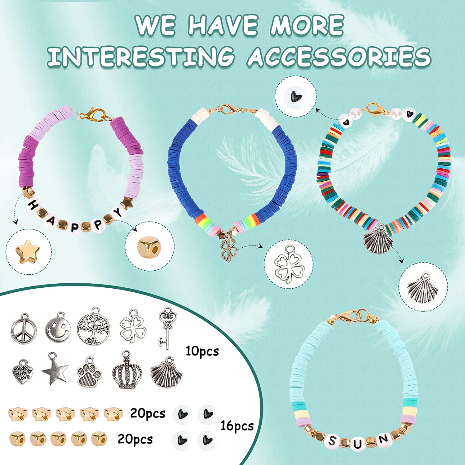 QUEFE 72 Colors Clay Beads for Bracelet Making Kit Flat Round Polymer Clay Beads Spacer Heishi Beads for Jewelry Making with Random Pendant Charms Kit Letter Beads and Elastic Strings image 3