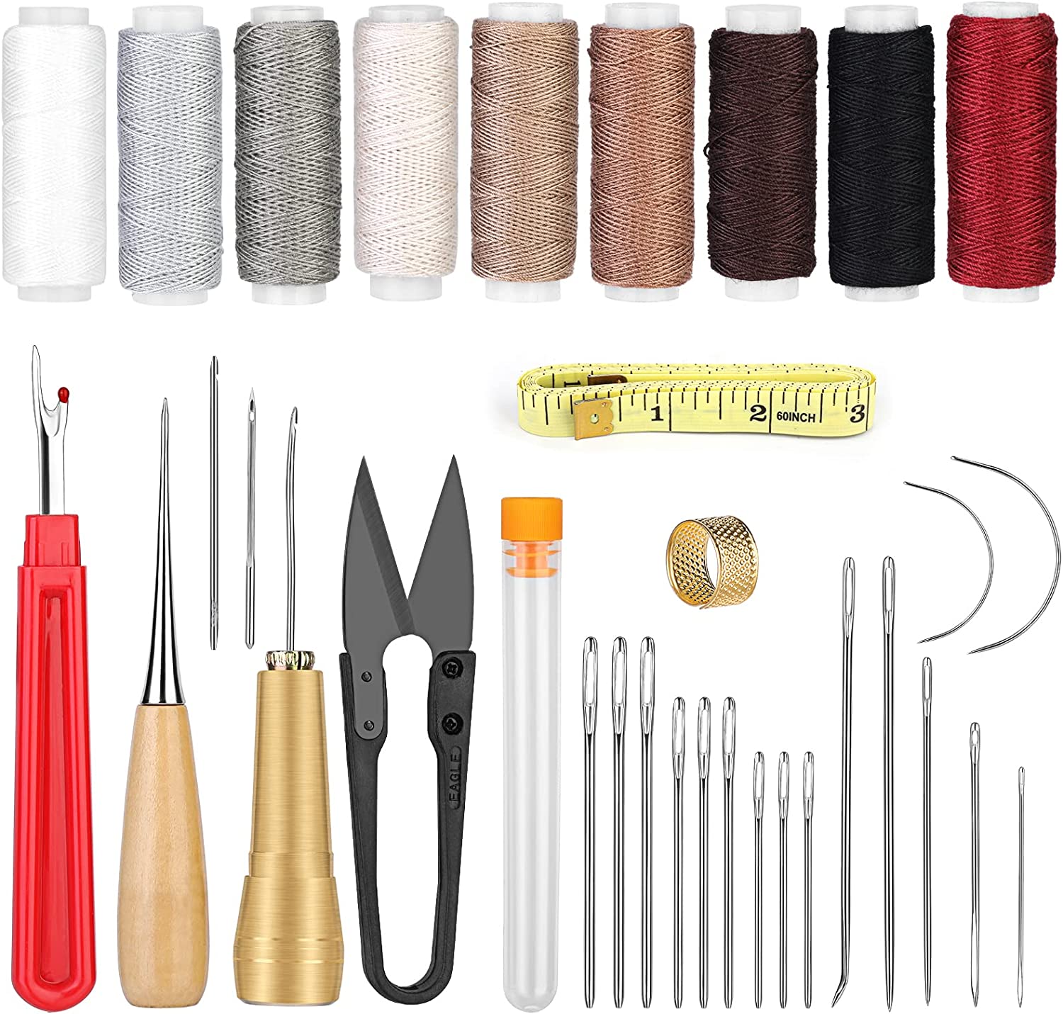 Leather Sewing Kit for Beginners Leather Sewing Awl 34 PCS Leather Needle and Thread Kit Upholstery Thread Cord Large-Eye Stitching Needles for Leather Repair image 0