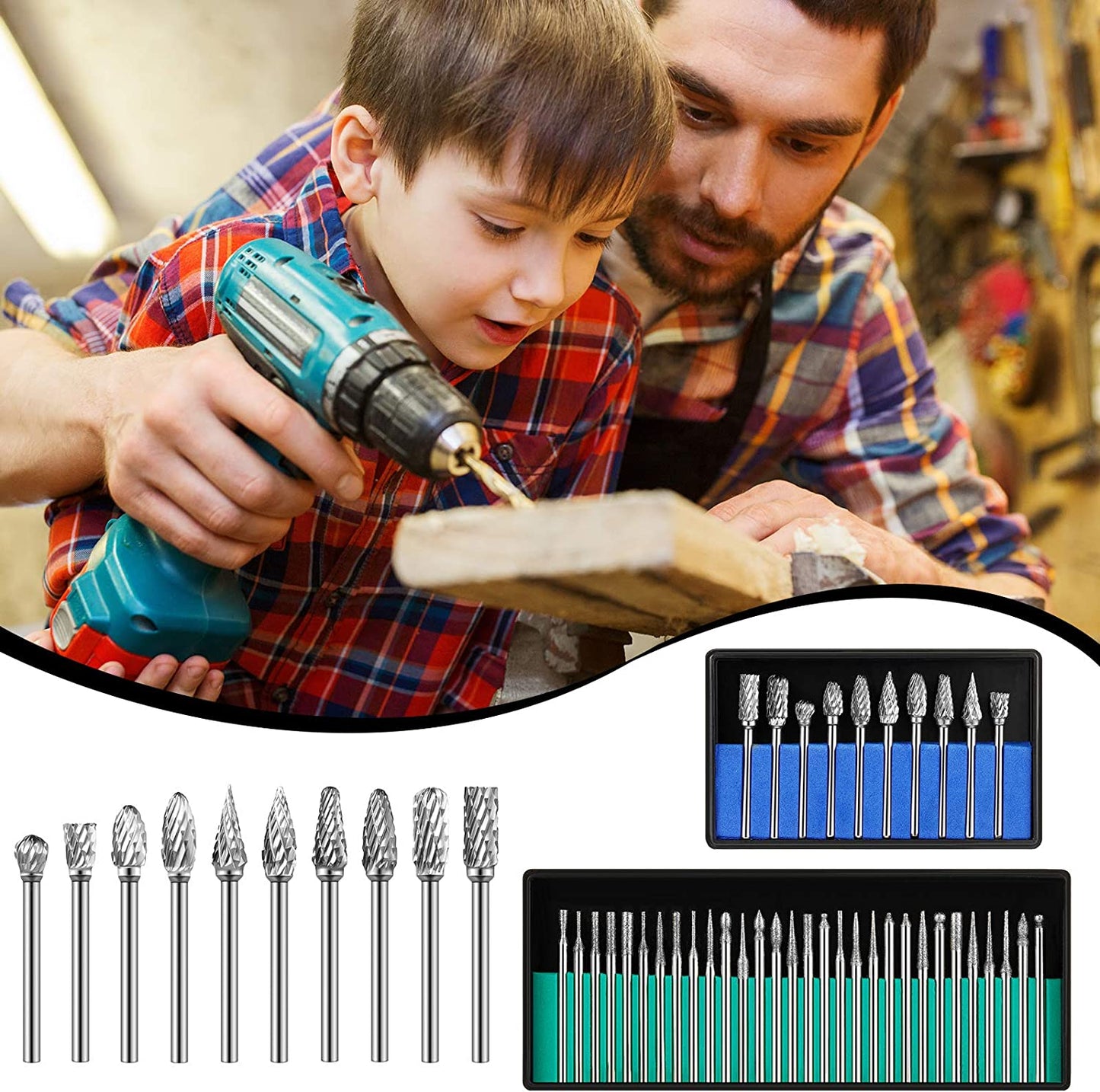 Double Cut Tungsten Carbide Rotary Burr Set 10 Pieces Metal Carving Drilling Polishing Cutter Bits and 30 Pieces Diamond Burr Bits, Rotary Burr Drill Kit for Die Grinder Drill Aluminum Wood Working image 5