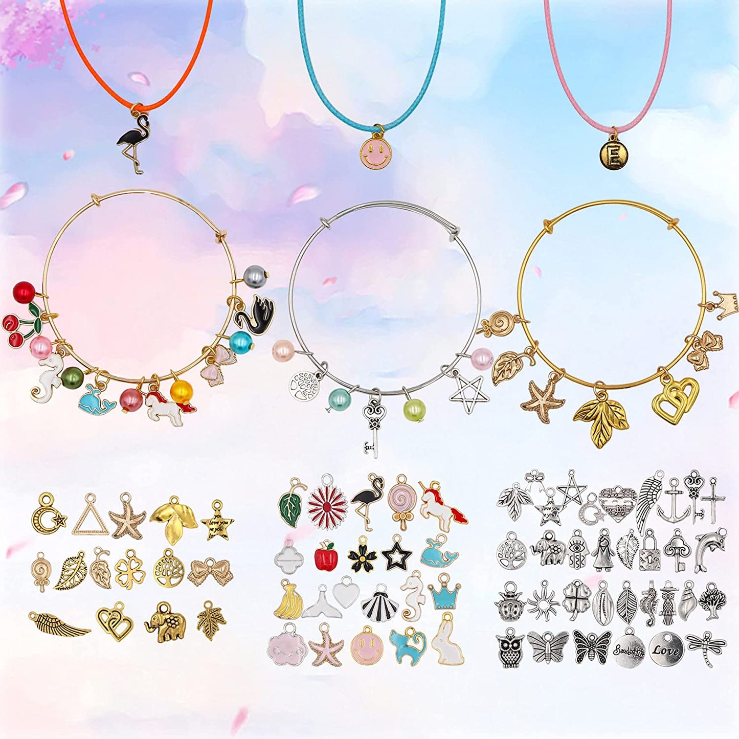 EuTengHao 569Pcs Jewelry Making Spacer Charms Beads Kit with Charm Letter Pendant Pearl Beads, Expandable Bangles,Waxed Cords,Pliers for Bracelet Necklace Earrings Rings Jewelry Making Findings image 4