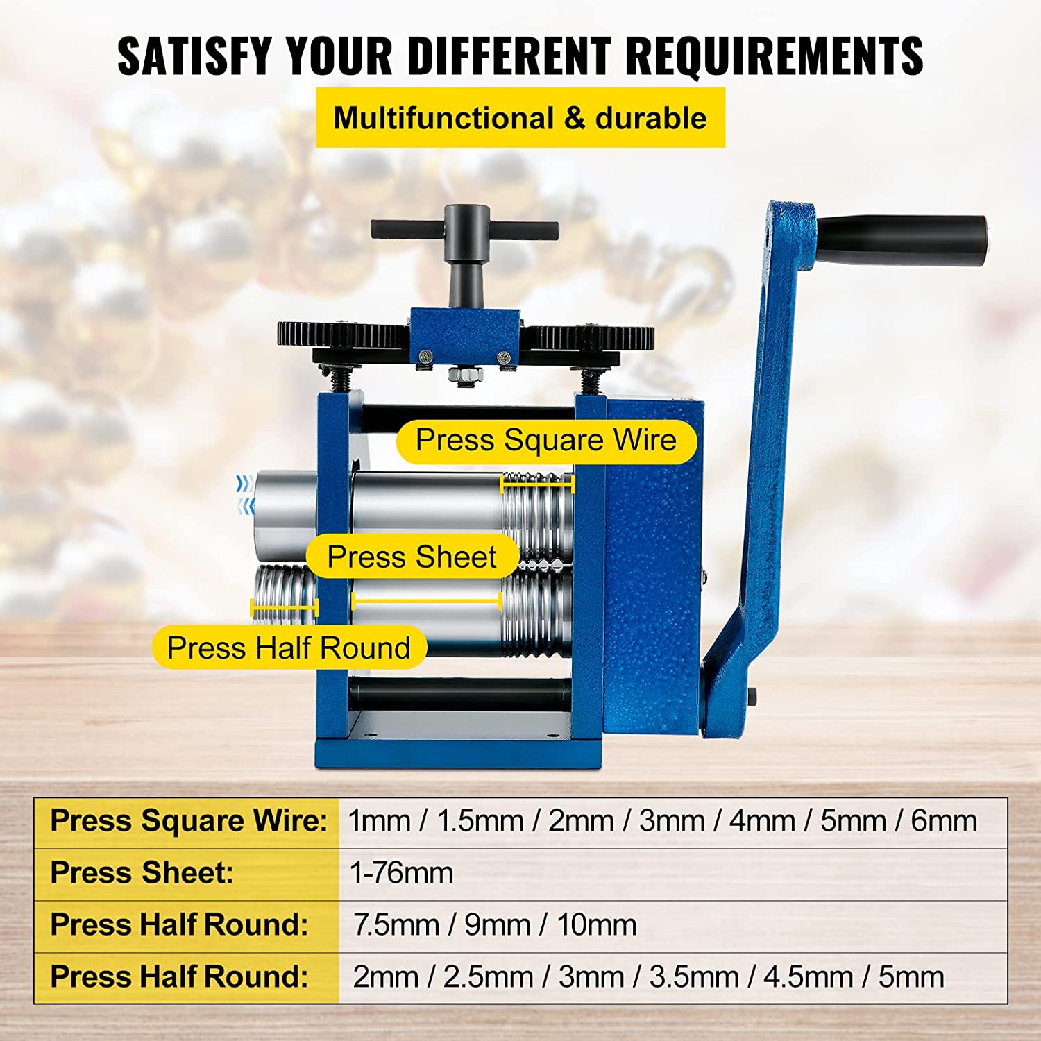 VEVOR Rolling Mill 4.4"/112mm Jewelry Rolling Mill Machine Gear Ratio 1:2.5 Wire Roller Mill 0.1-7mm Press Thickness Manual Combination Rolling Mill for Jewelry Sheet Square Semicircle Circle Pattern image 2