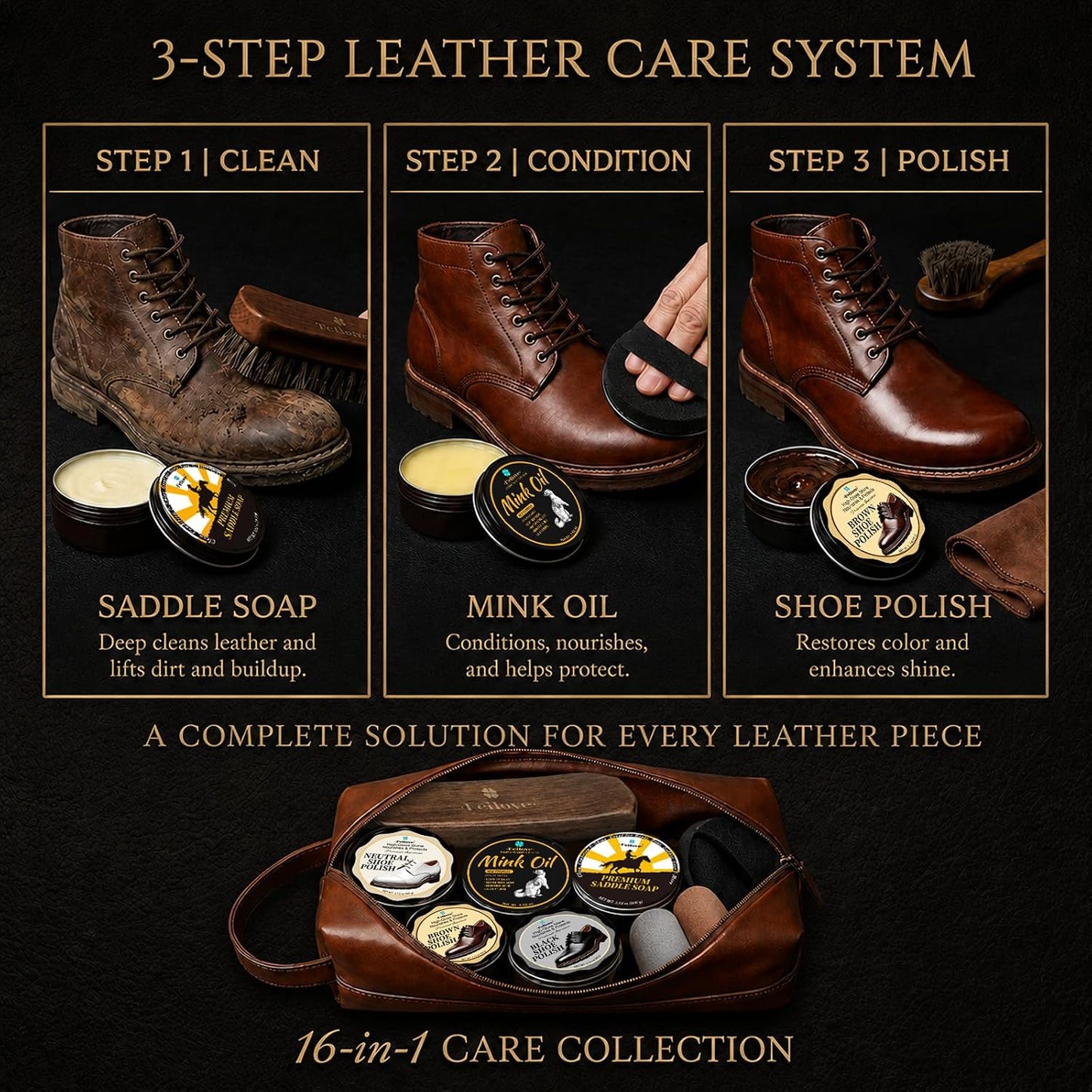 Leather Shoe Care Kit — 16-Piece Polish, Clean & Condition Set