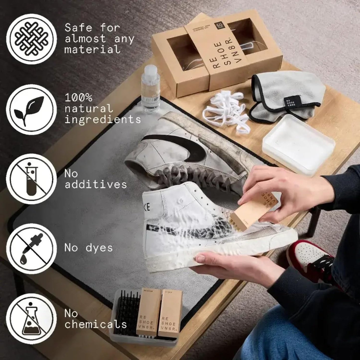 RESHOEVN8R Essential Shoe Cleaning Kit — Cleaner, 3 Brushes & Microfiber Towel