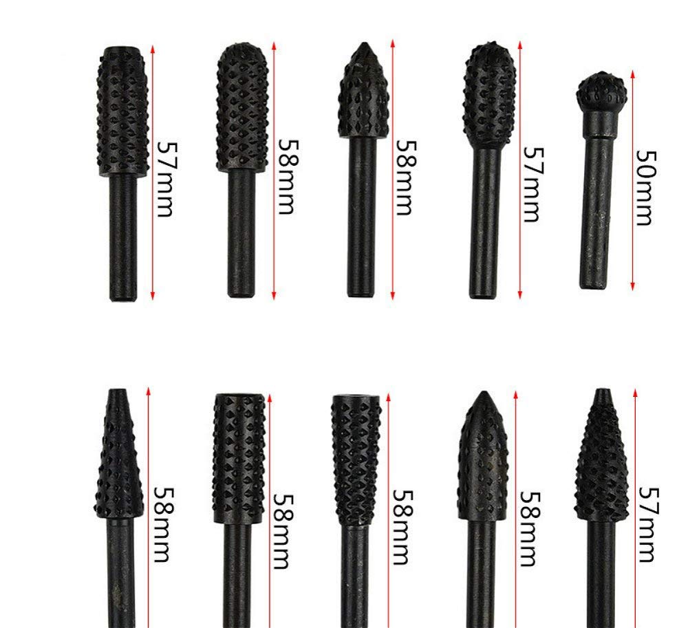 ASNOMY 10PCS Woodworking Twist Drill Bits, Wood Carving File Rasp Drill Bits 6.3mm(1/4") Shank Electrical Tools Woodworking Rasp Chisel Shaped Rotating Embossed Grinding Head with Storage Bag image 3