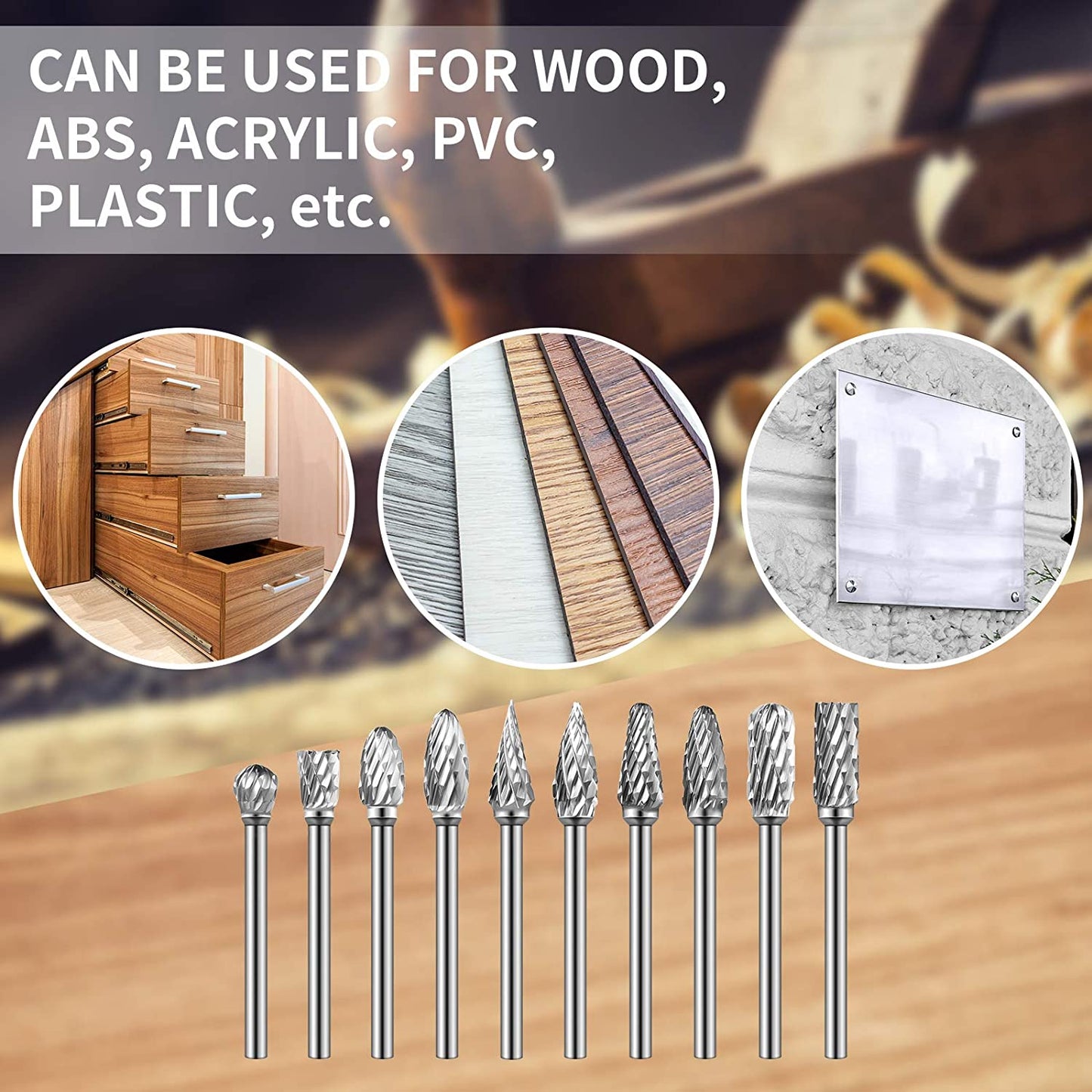 Double Cut Tungsten Carbide Rotary Burr Set 10 Pieces Metal Carving Drilling Polishing Cutter Bits and 30 Pieces Diamond Burr Bits, Rotary Burr Drill Kit for Die Grinder Drill Aluminum Wood Working image 3