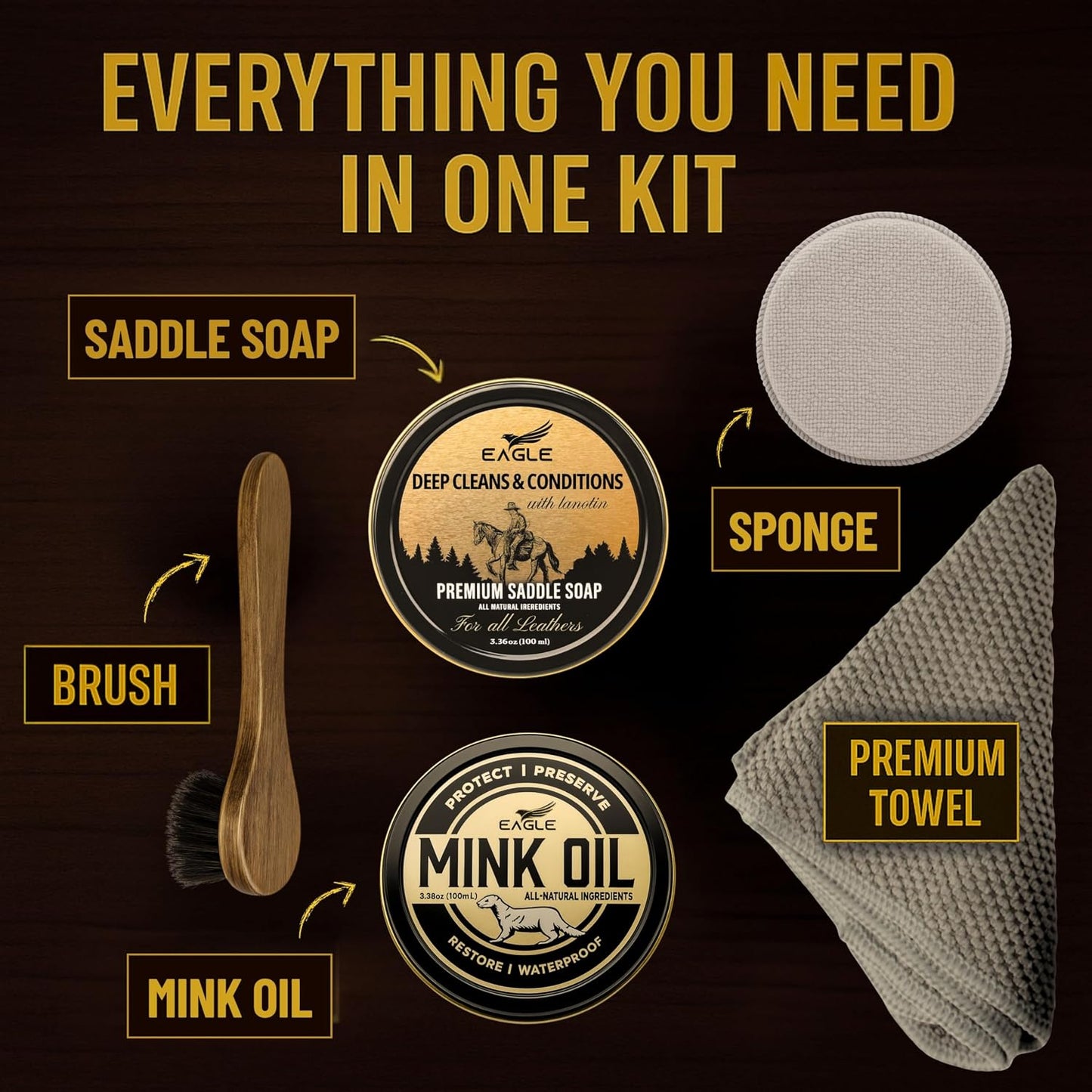 Leather Boot Care Kit — Mink Oil, Saddle Soap, Applicators & Cloth