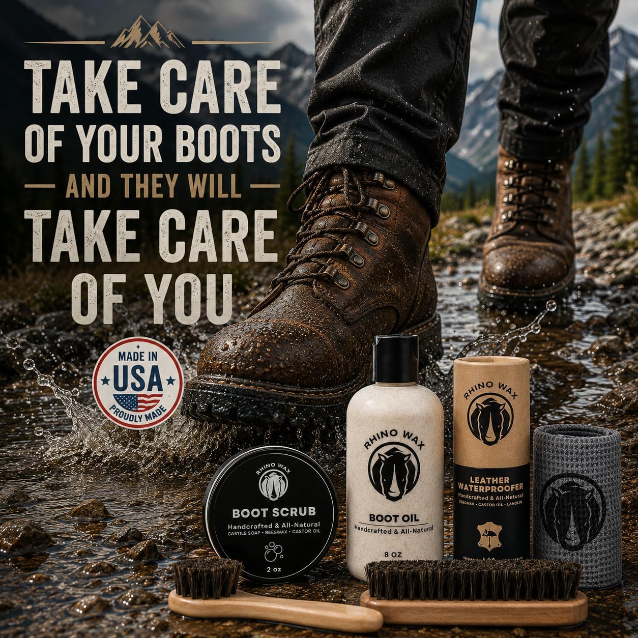 Rhino Wax Leather Boot Care Kit — Scrub, Oil, Brushes & Cloths