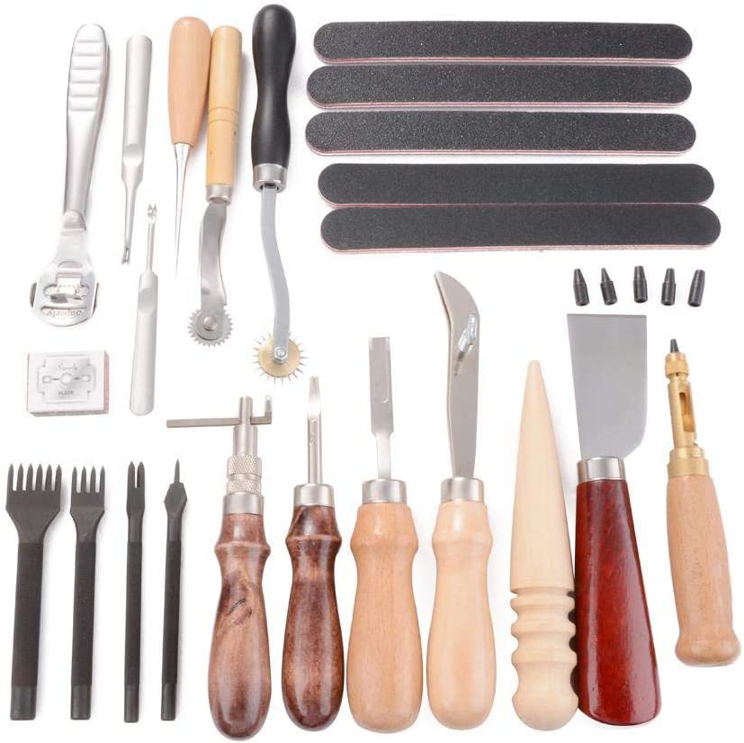 19Pcs Leather Craft Sewing Tools Punch Kit Stitching Working Groover Thread Awl Trimming Hand Set image 1