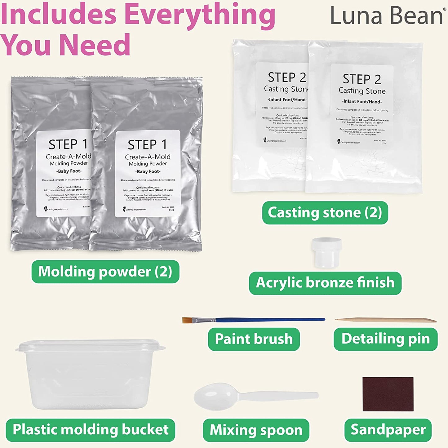 Luna Bean Baby Keepsake Hand Casting Kit - Plaster Hand Molding Casting Kit for Infant Hand &amp; Foot Molding - Baby Casting Kit for First Birthday, Christmas &amp; Newborn Gifts - (Clear Sealant - Gloss) image 4
